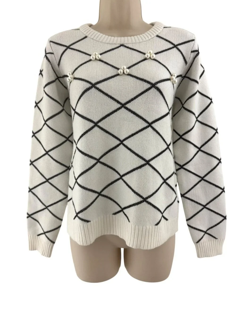 Venus Ivory Creme Black Ultrasoft Sweater Knit Faux Pearls Size M New Winter Top